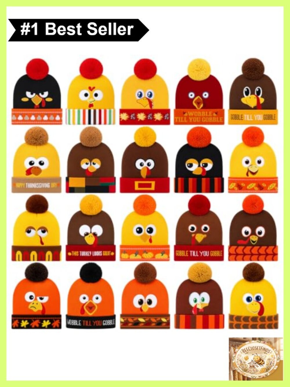 Turkey Trot Beanie Hat Knit Cap Thanksgiving Costume Pom Pom One Size